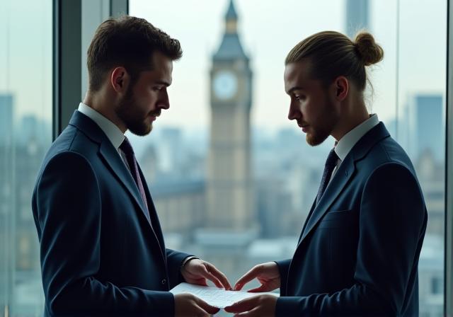Two professionals discussing documents in a modern London office