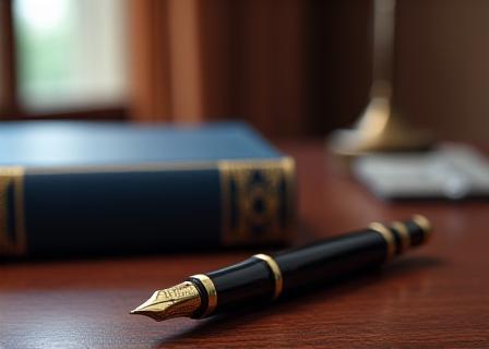 Legal law books and fountain pen on a mahogany desk