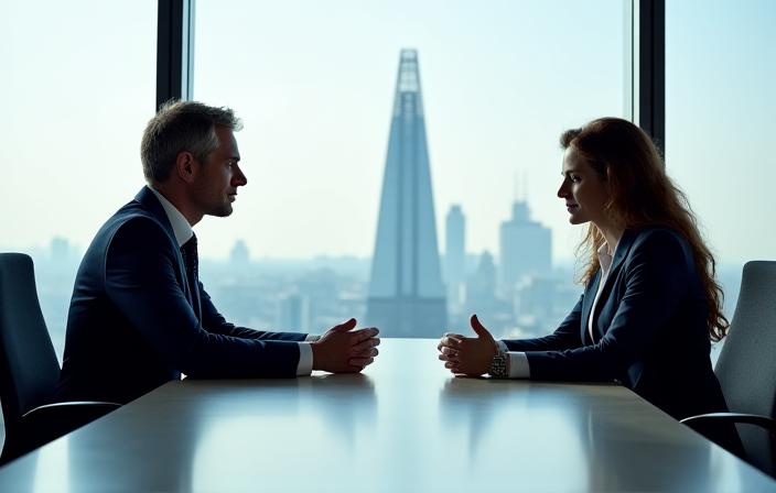 Professional meeting in a glass-walled London office, focused on resolving a complex commercial dispute