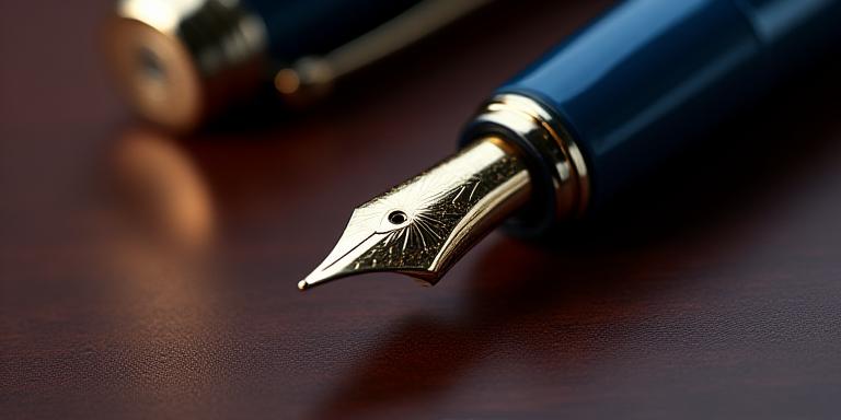 Close-up view of a fountain pen reflecting on a polished mahogany surface
